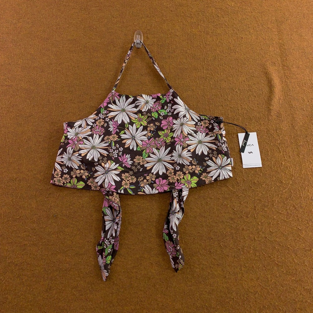 RVCA Womens Small Brown Floral Sasha Halter Tie Back Crop Tank Top NWT